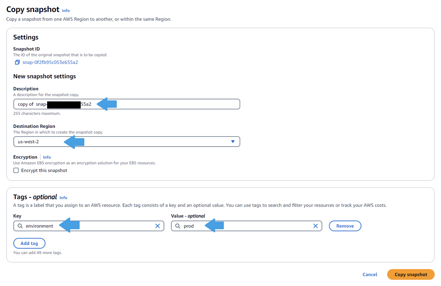 Screenshot showing the copy snapshot interface in AWS Console